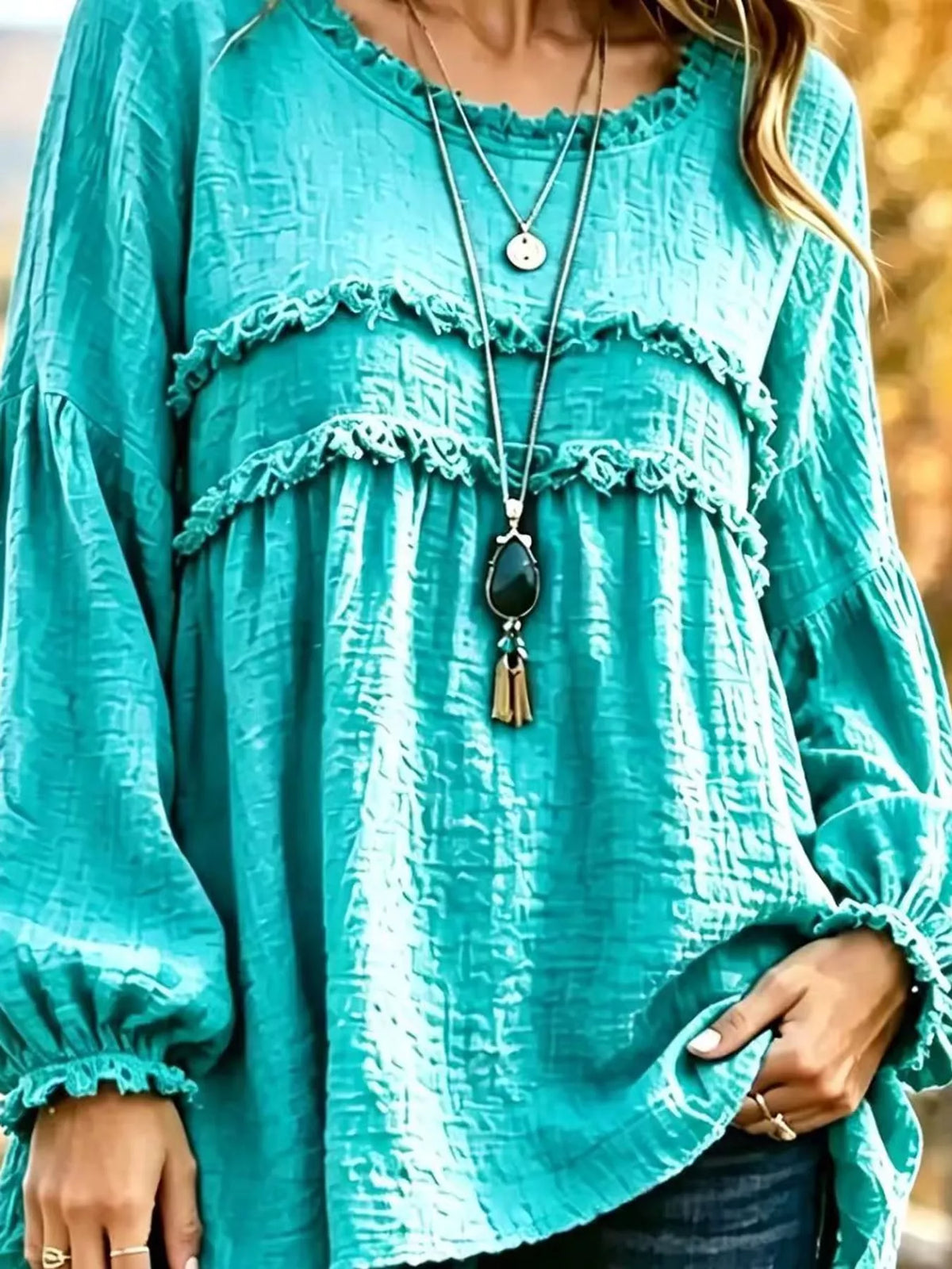 Full Size Boho Chic Textured Frayed Trim Peplum Blouse Plus Size