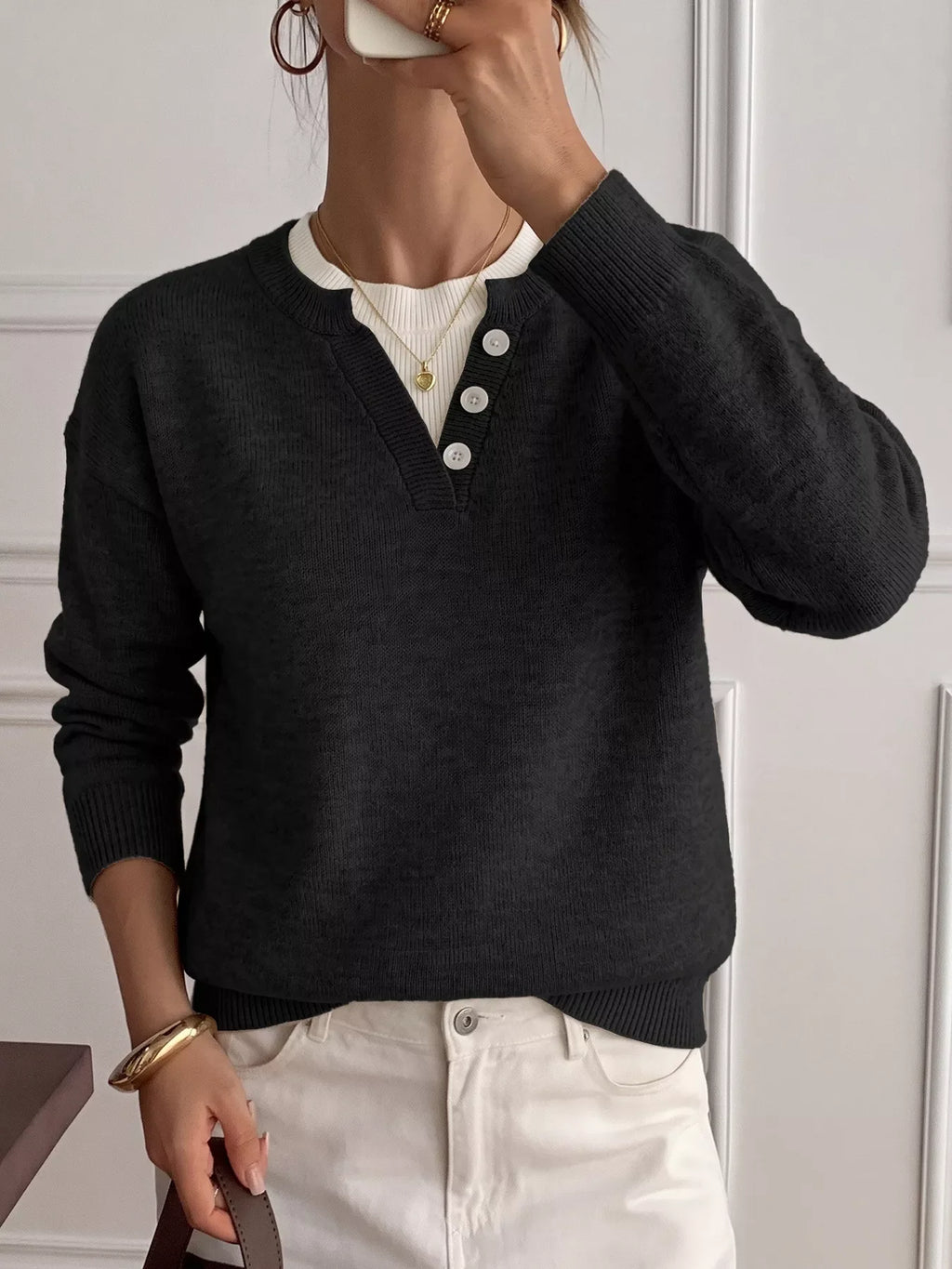 Decor Button-Placket Ribbed Knit Sweater