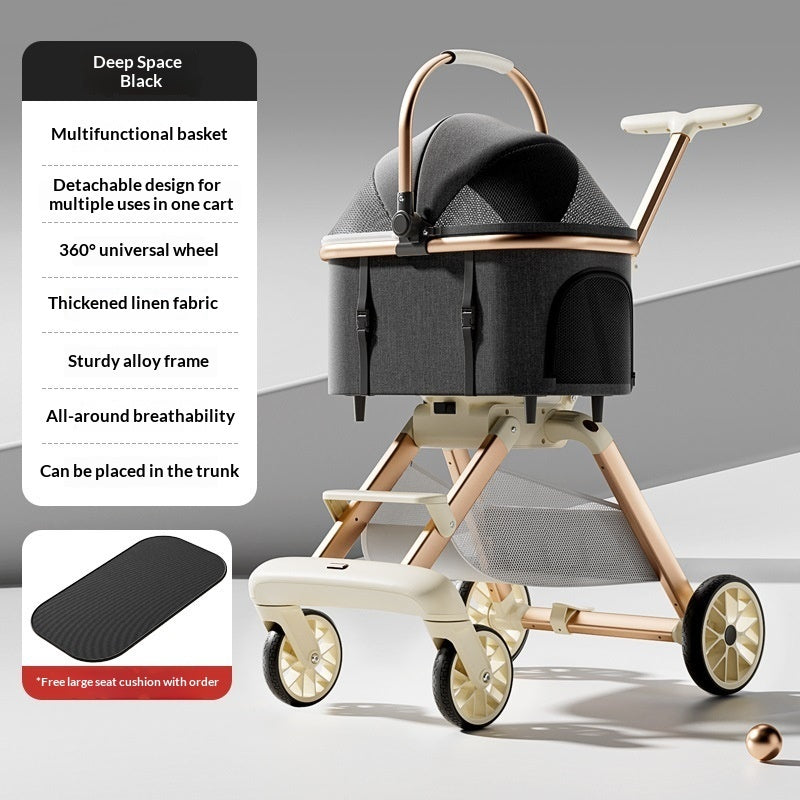 Luxury Cat Stroller With Detachable Pet Carrier, Foldable, Sturdy Alloy Frame
