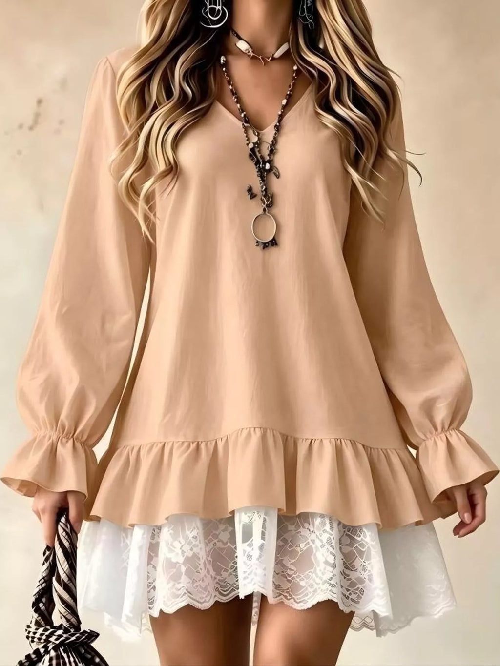 Lace Hem V-Neck Flounce Sleeve Dress