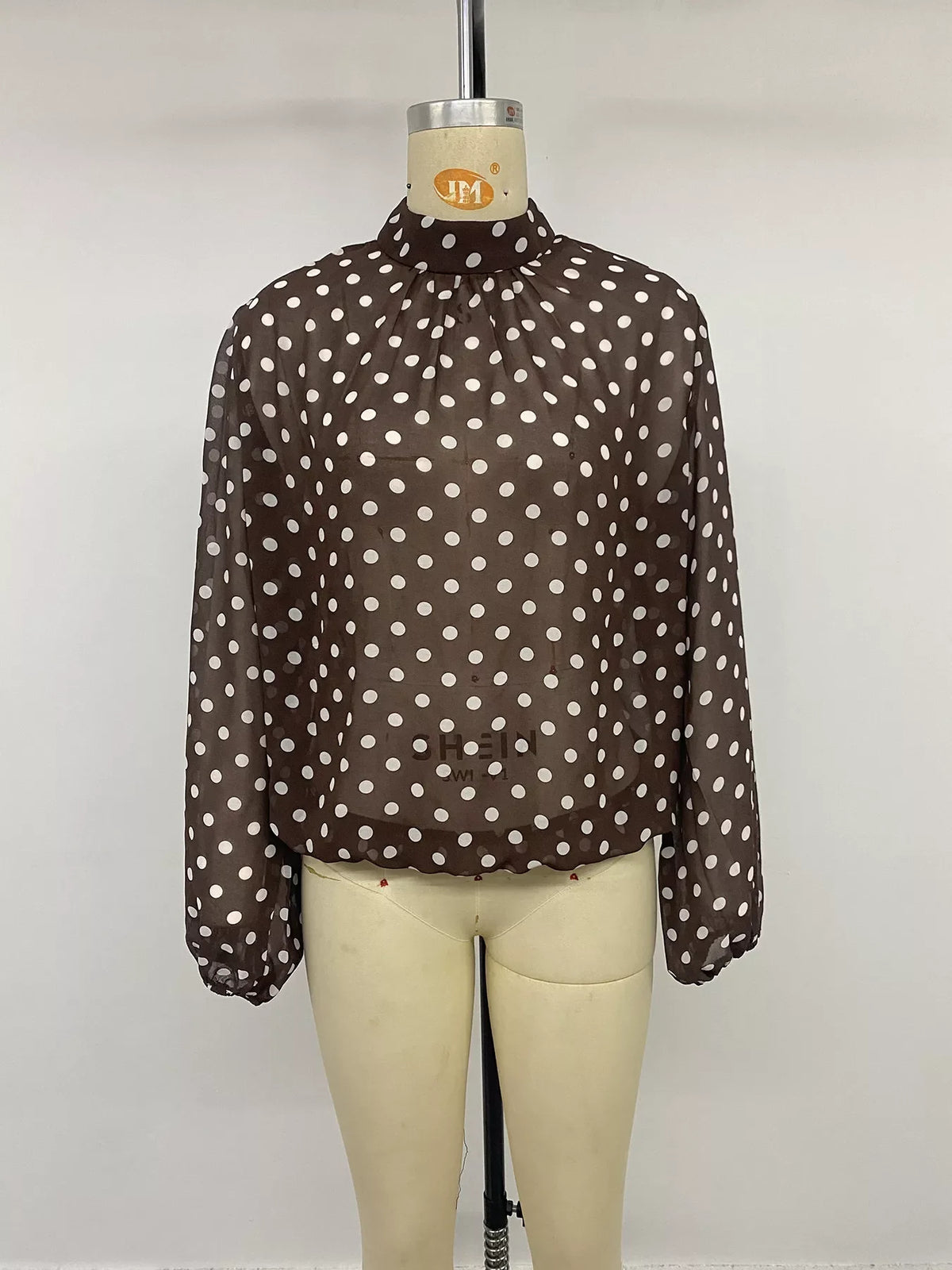 Polka Dot Mock Neck Long Sleeve Blouse