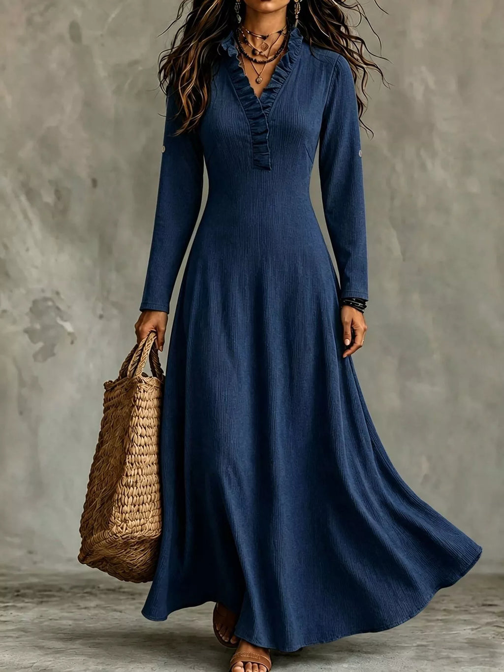 Full Size V-Neck Maxi Dress with Roll-Up Sleeves Plus Size