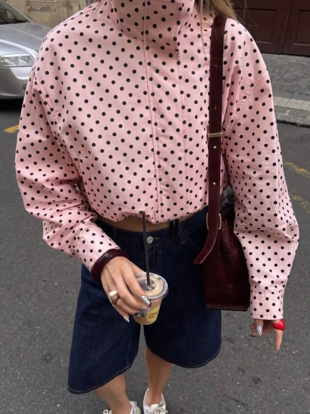 Polka Dot Zip Up Casual Jacket