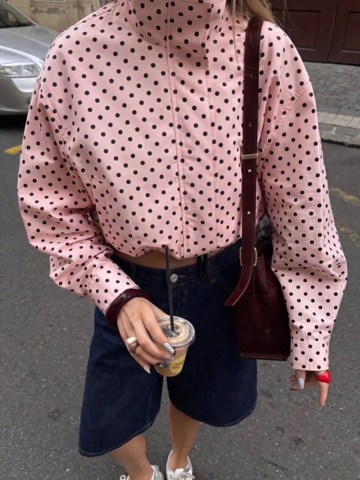 Polka Dot Zip Up Casual Jacket