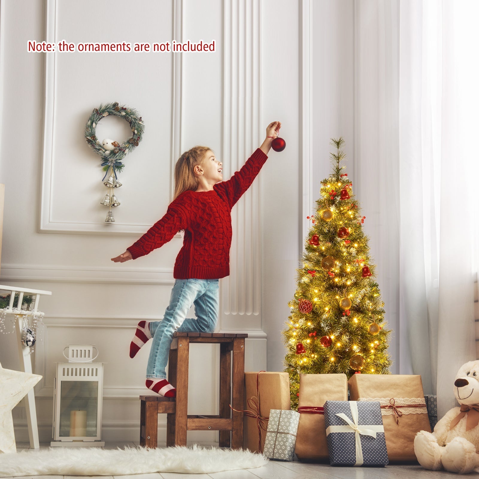 5/6/7/8/9 FT Pre-Lit Artificial Hinged Slim Pencil Christmas Tree