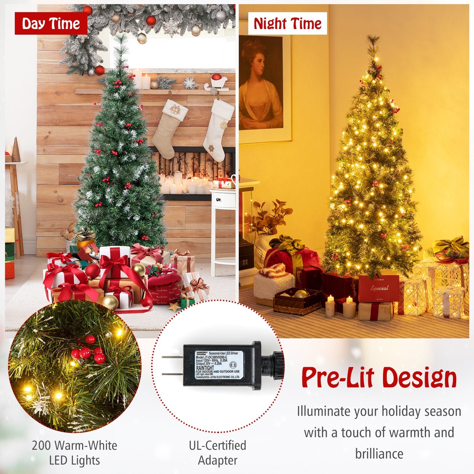5/6/7/8/9 FT Pre-Lit Artificial Hinged Slim Pencil Christmas Tree