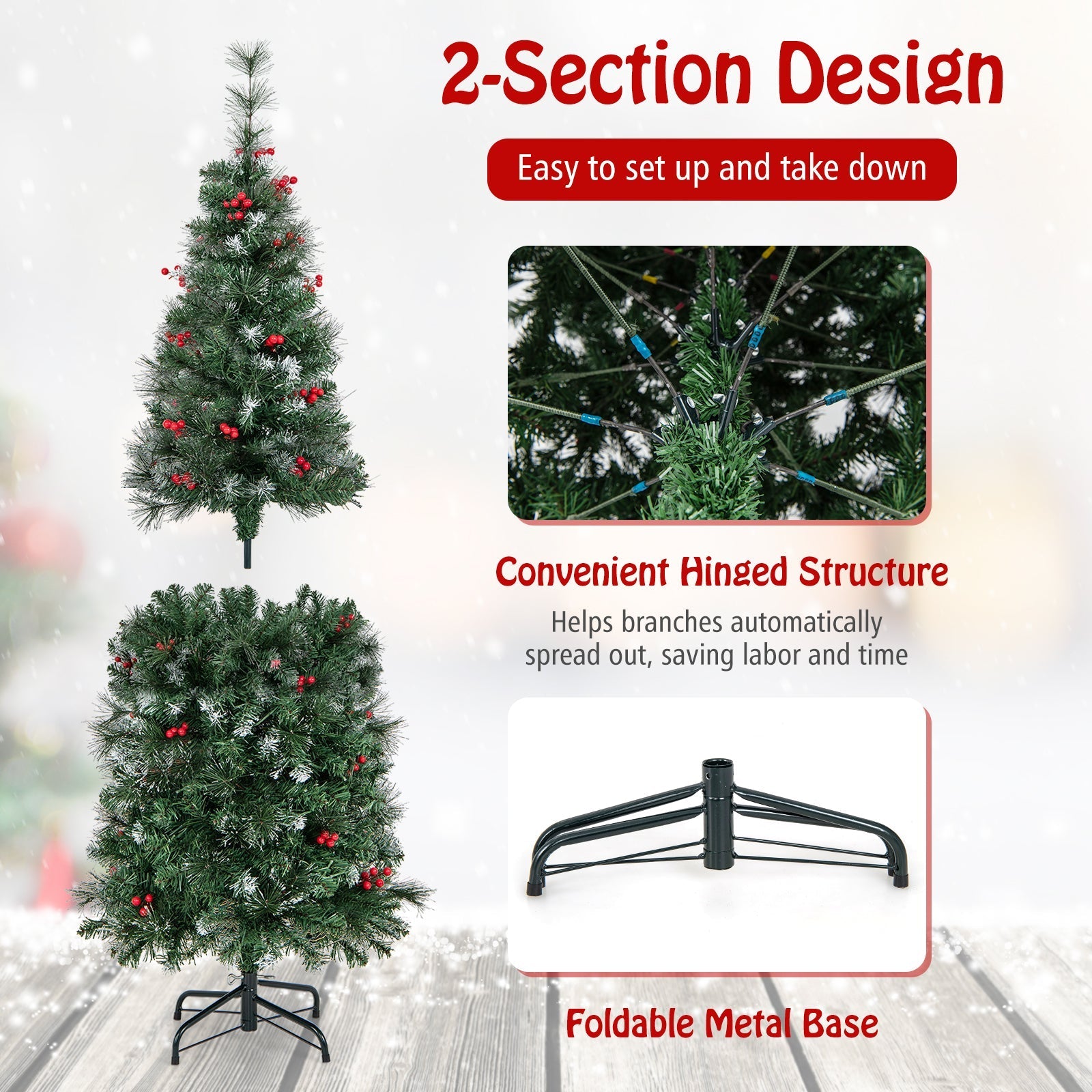 5/6/7/8/9 FT Pre-Lit Artificial Hinged Slim Pencil Christmas Tree