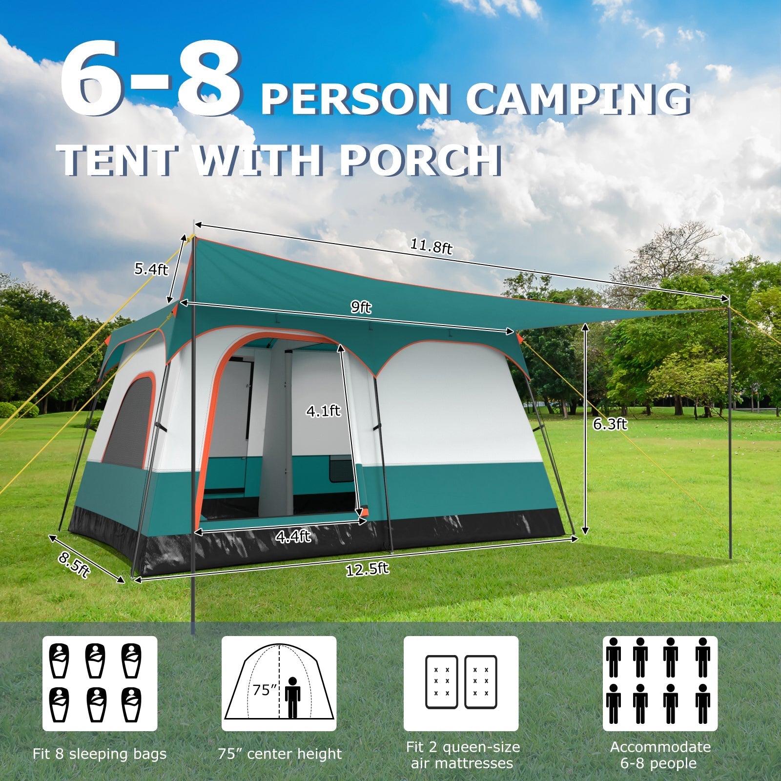 6-8 Person Camping Tent with Double Rooms and 2 Doors