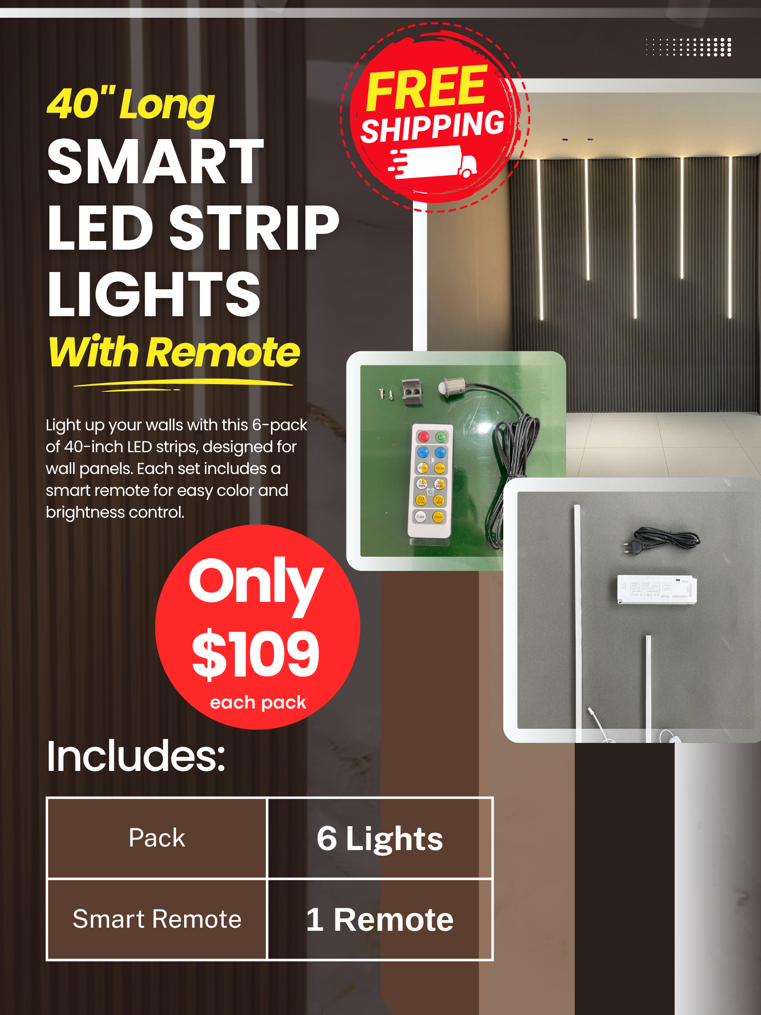 6-Pack 40" Smart LED Strip Lights with Remote