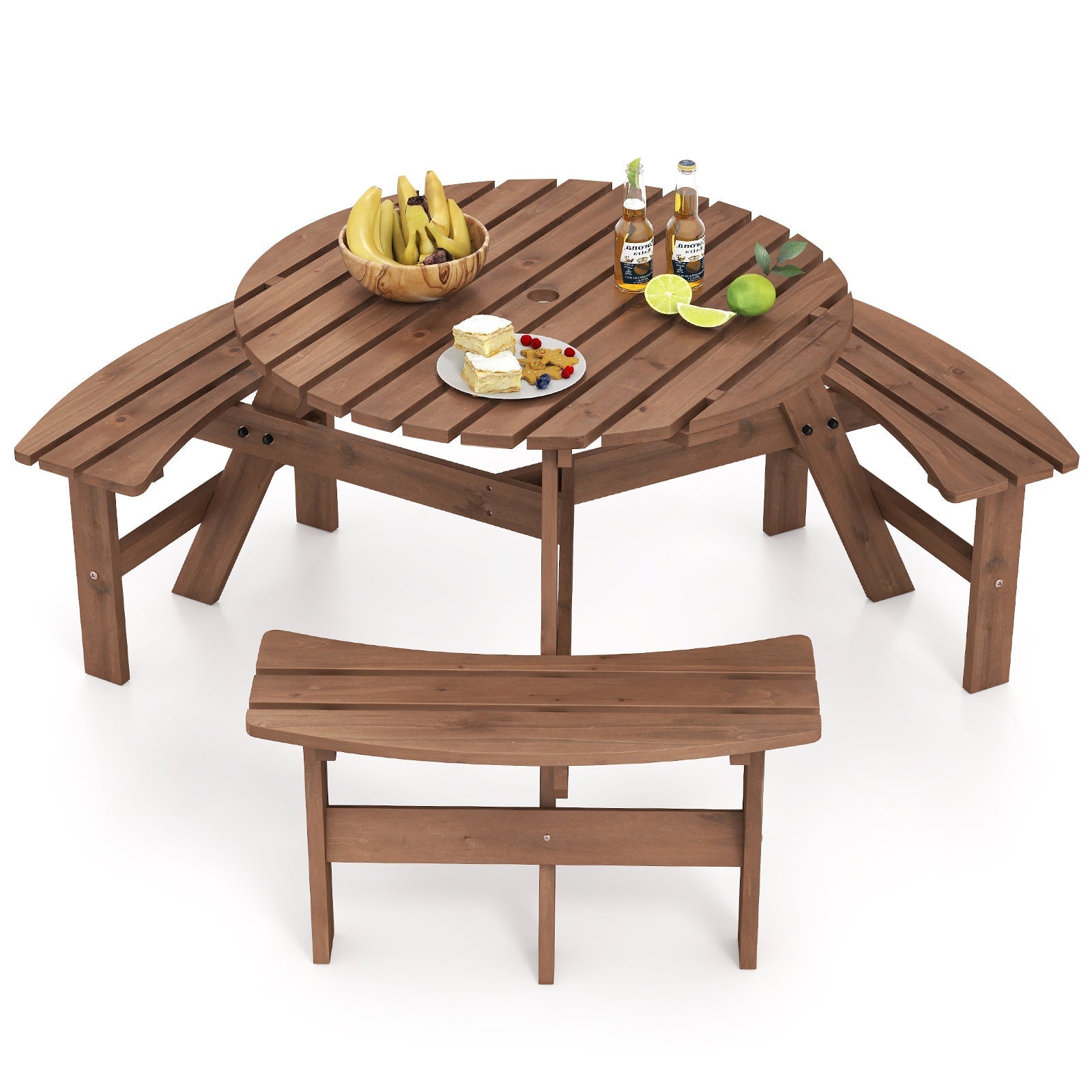 6-Person Round Picnic Table Set with 3 Built-in Benches and Umbrella Hole