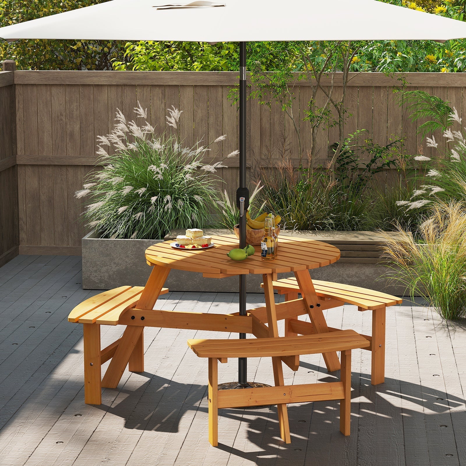 6-Person Round Picnic Table Set with 3 Built-in Benches and Umbrella Hole