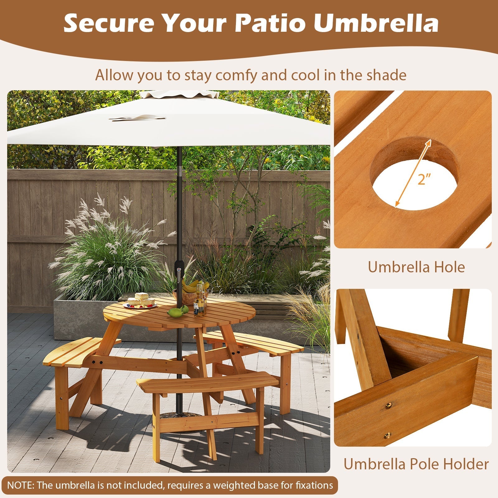 6-Person Round Picnic Table Set with 3 Built-in Benches and Umbrella Hole