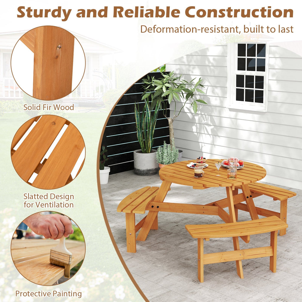 6-Person Round Picnic Table Set with 3 Built-in Benches and Umbrella Hole