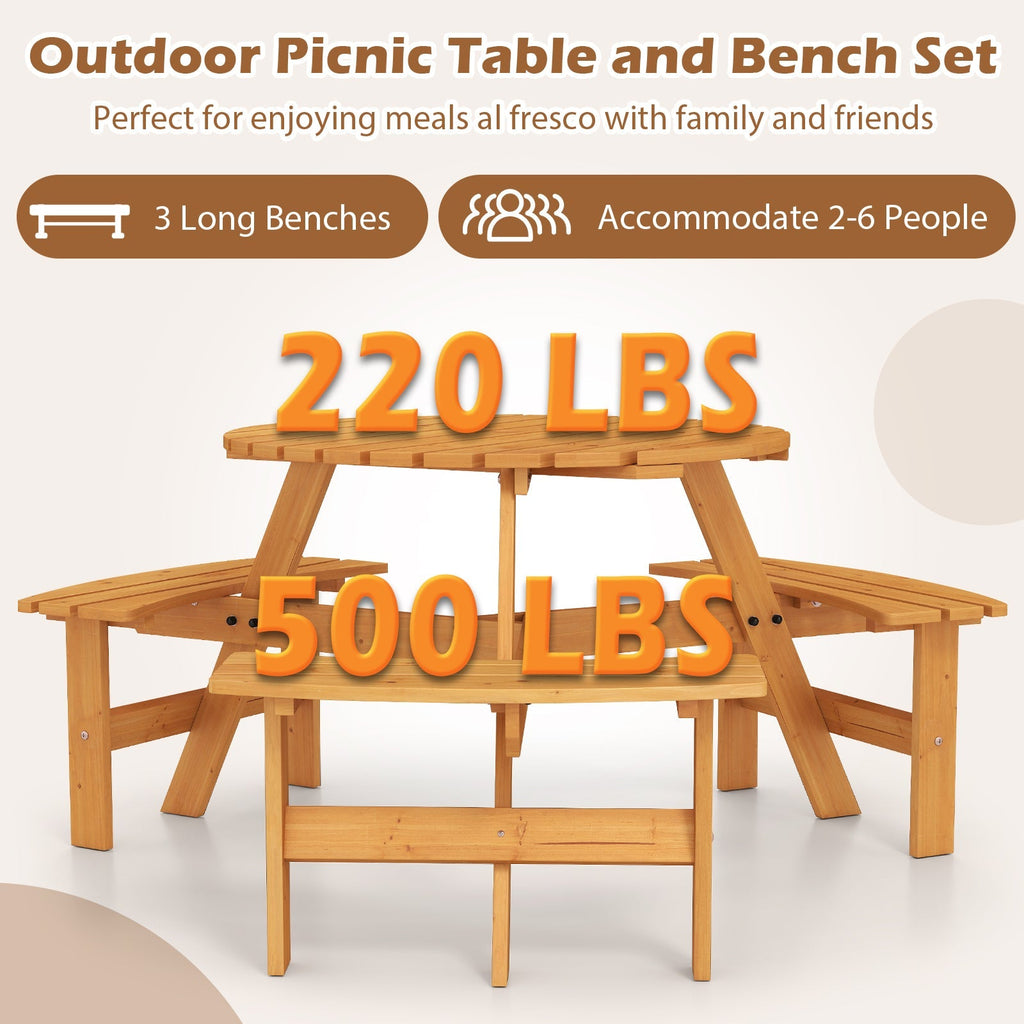 6-Person Round Picnic Table Set with 3 Built-in Benches and Umbrella Hole