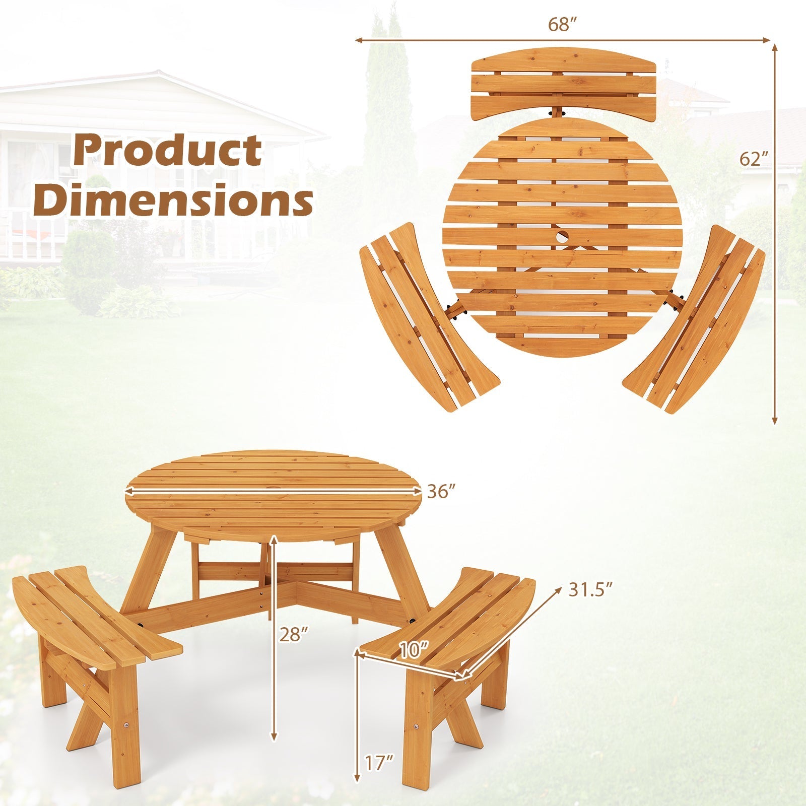6-Person Round Picnic Table Set with 3 Built-in Benches and Umbrella Hole