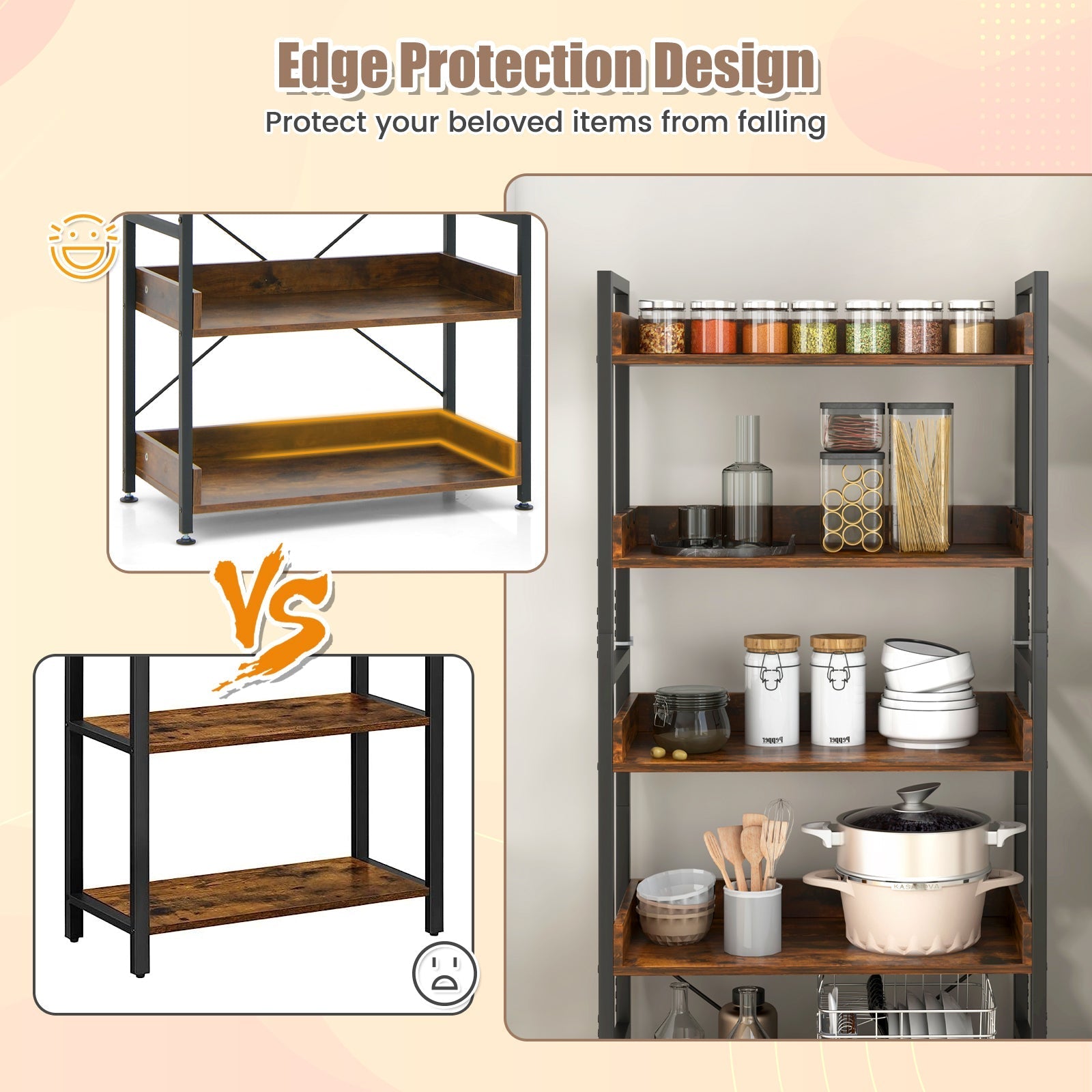 6-Tier Tall Industrial Bookcase with Open Shelves and 4 Hooks-Brown