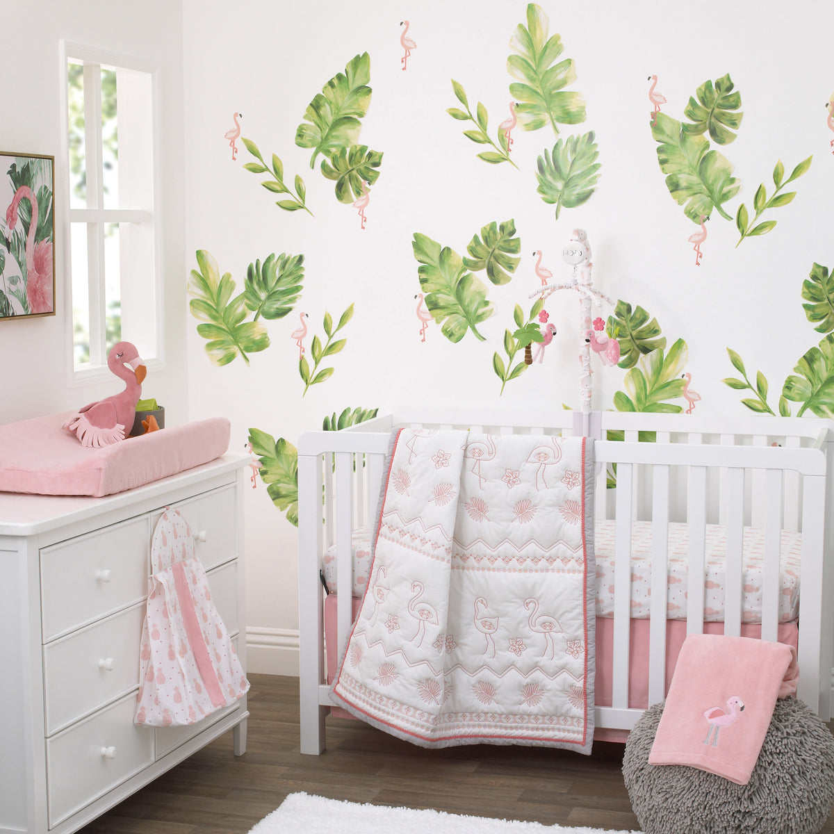 NoJo Tropical Flamingo Pink & White 100% Cotton 4 Piece Nursery Crib Bedding Set - Embroidered Quilt, Fitted Sheet, Dust Ruffle, and Diaper Stacker
