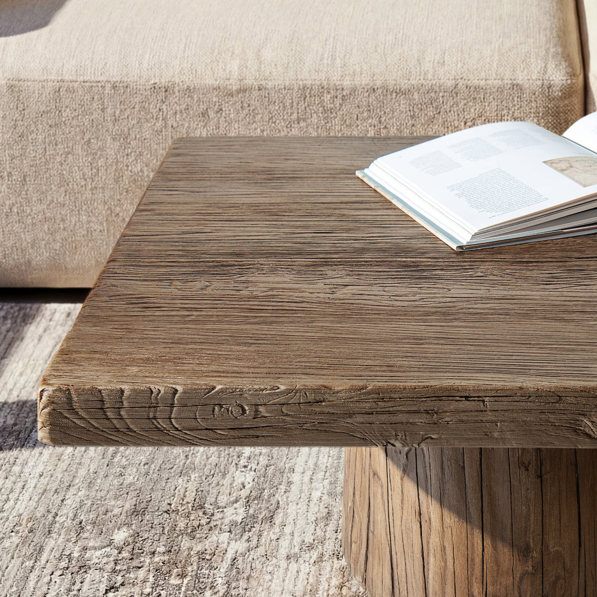 Arbor 60" Solid Reclaimed Elm Rectangular Plinth Coffee Table with Sculptural Bases - Heritage Medium-Dark