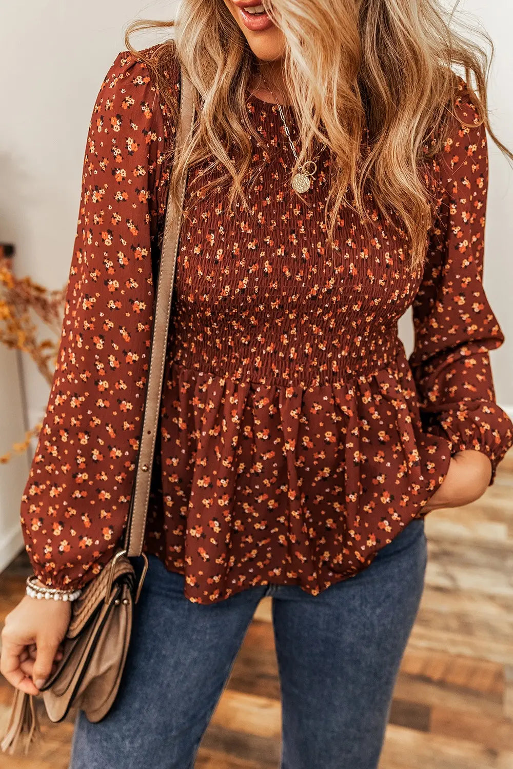 Floral Long Sleeve Blouse with Smocked Ruffled Hem