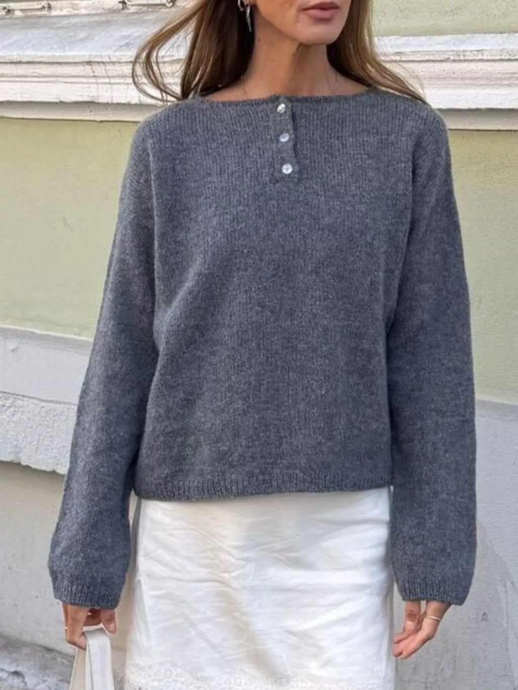 Button-Placket Round Neck Drop Shoulder Knit Top