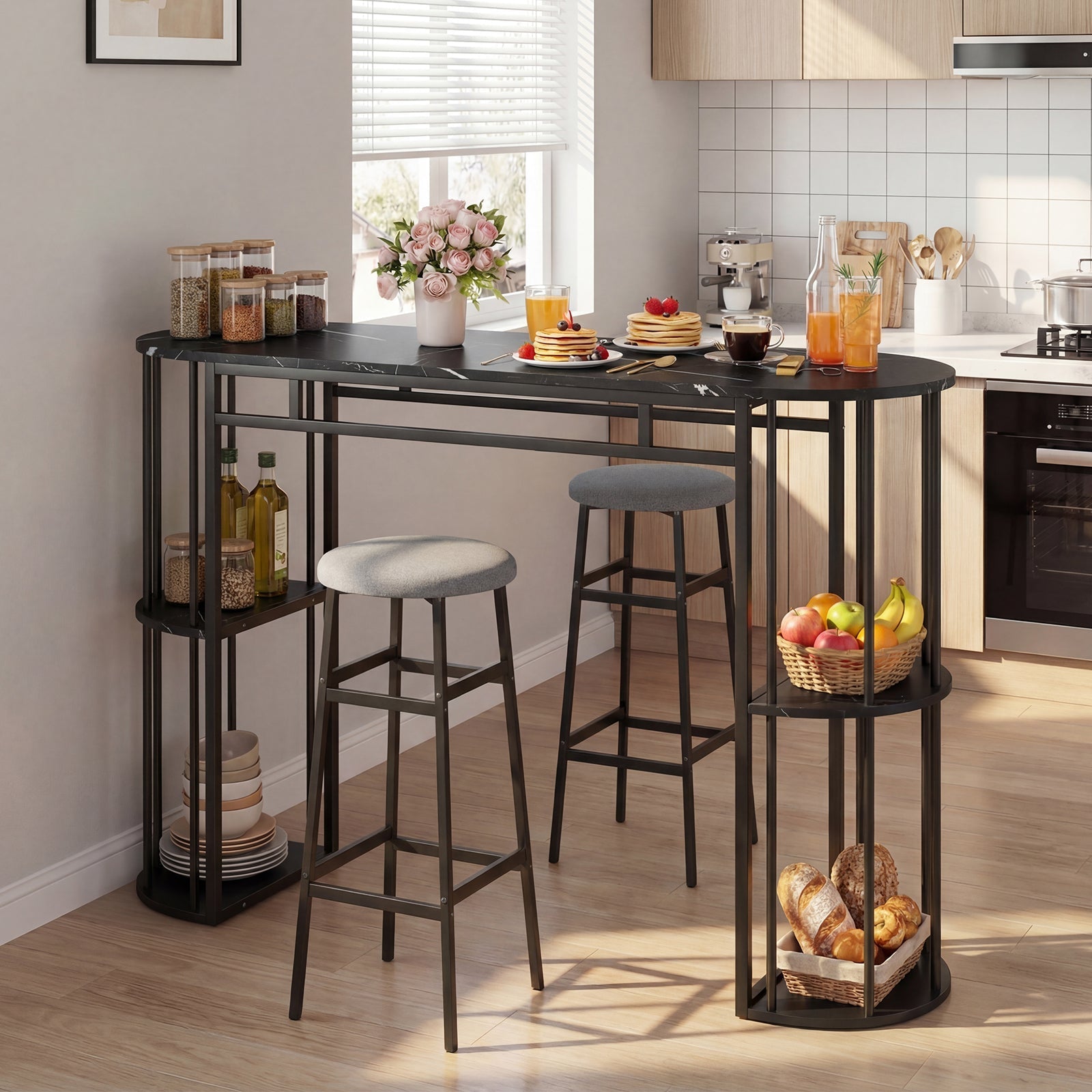 60 Inch Dining Table and 2 Upholstered Barstools with Faux Marble Tabletop