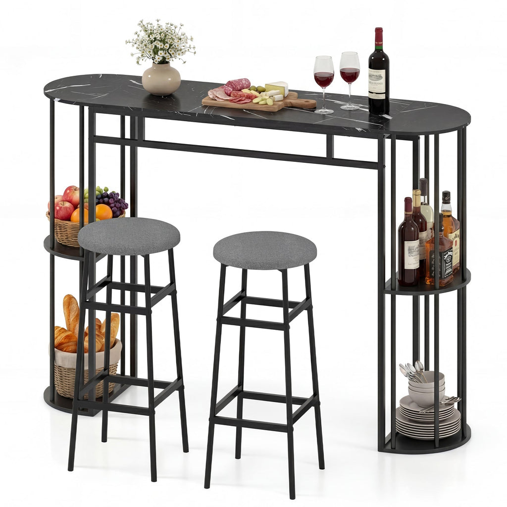60 Inch Dining Table and 2 Upholstered Barstools with Faux Marble Tabletop