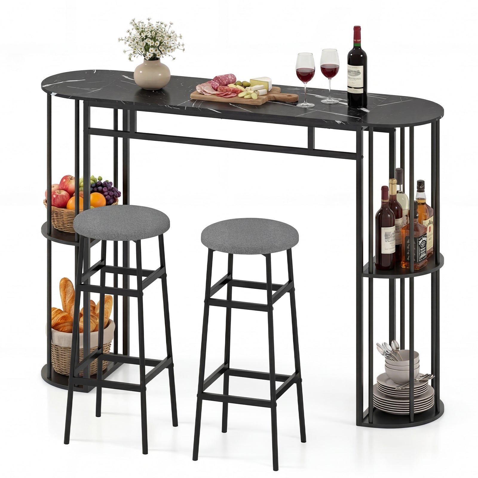 60 Inch Dining Table and 2 Upholstered Barstools with Faux Marble Tabletop
