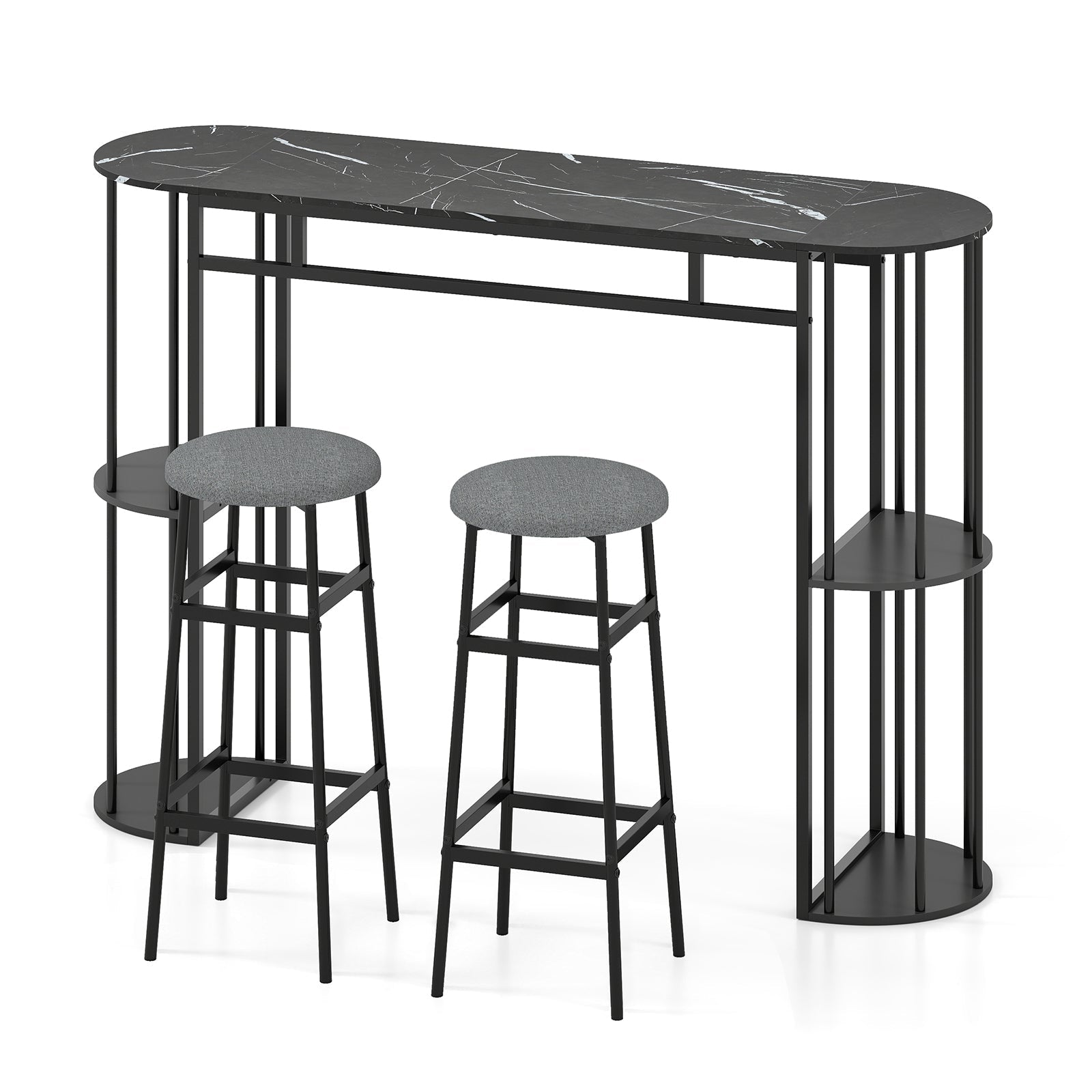 60 Inch Dining Table and 2 Upholstered Barstools with Faux Marble Tabletop