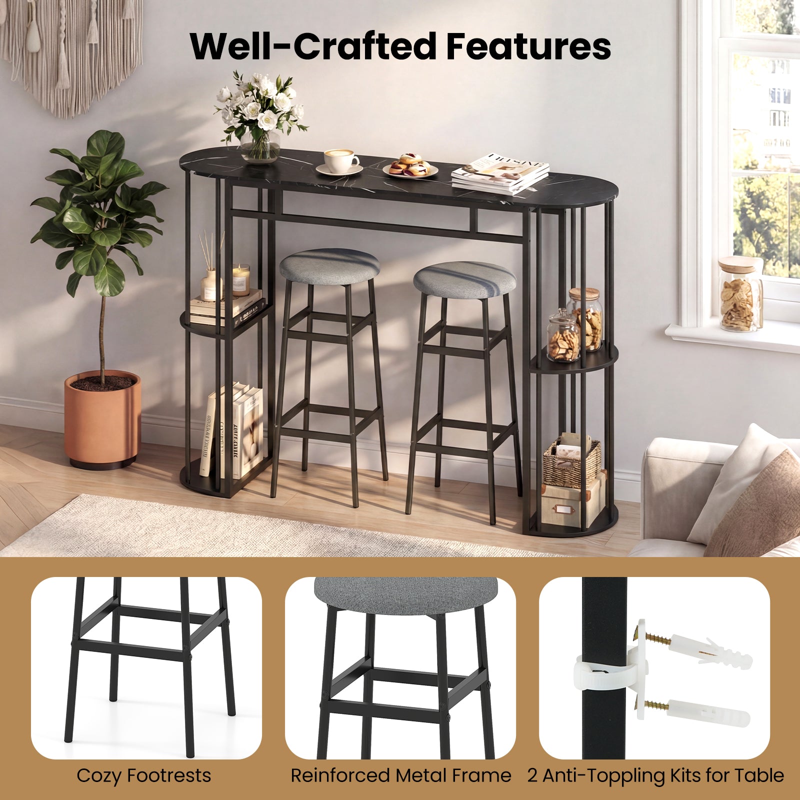 60 Inch Dining Table and 2 Upholstered Barstools with Faux Marble Tabletop
