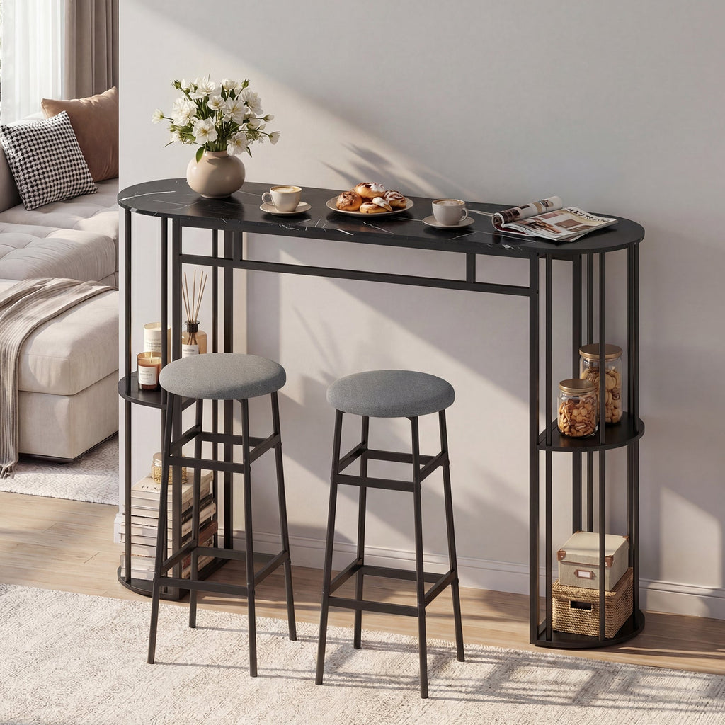 60 Inch Dining Table and 2 Upholstered Barstools with Faux Marble Tabletop