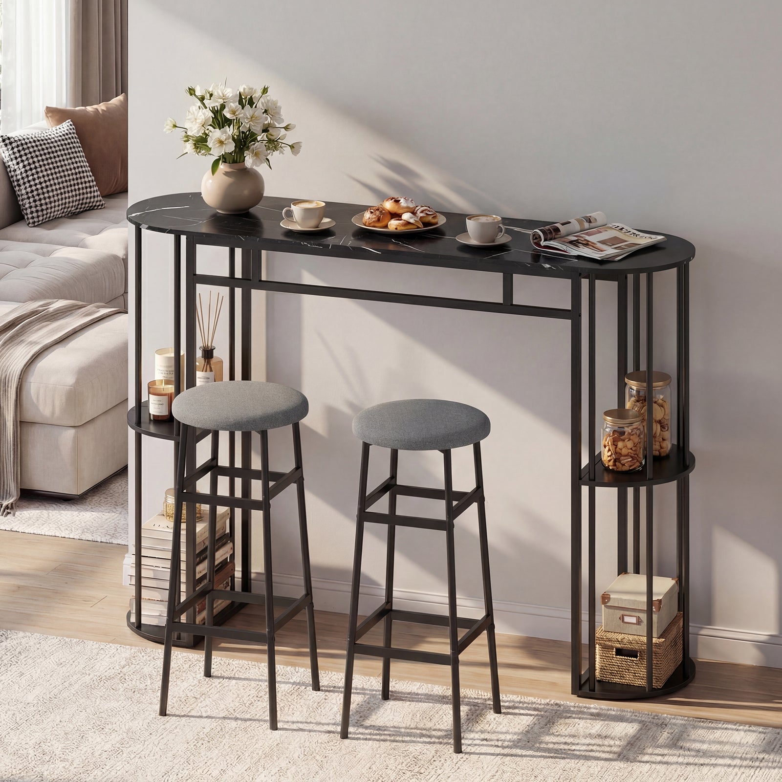 60 Inch Dining Table and 2 Upholstered Barstools with Faux Marble Tabletop