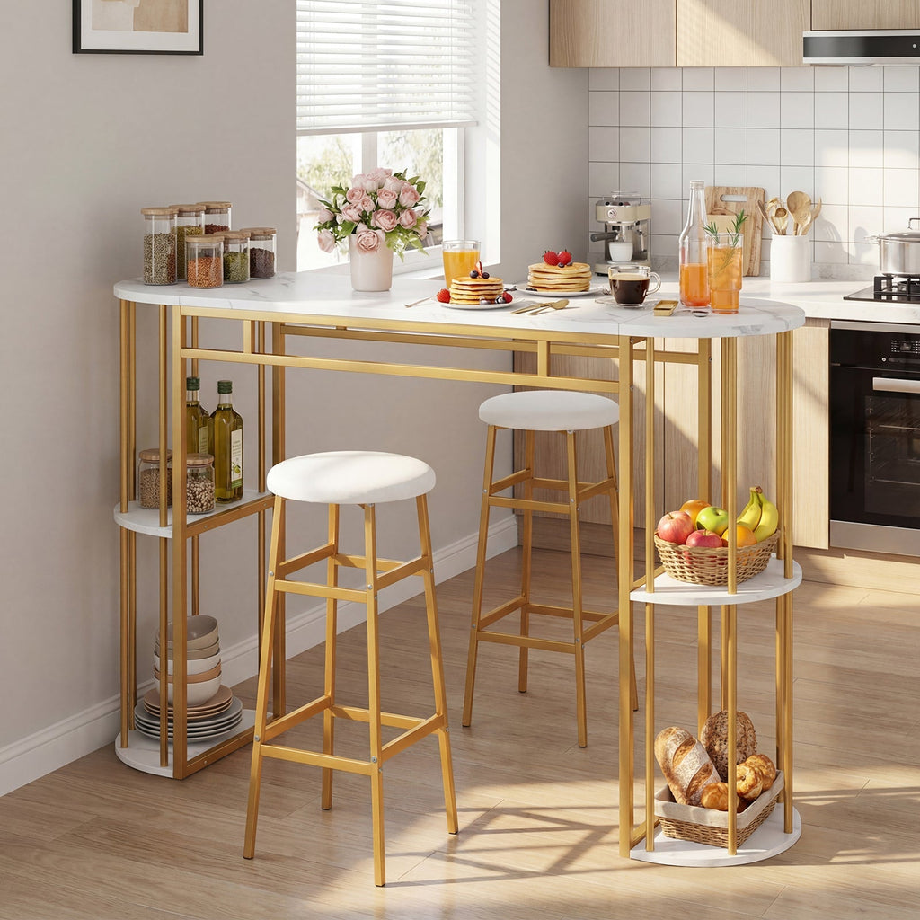 60 Inch Dining Table and 2 Upholstered Barstools with Faux Marble Tabletop