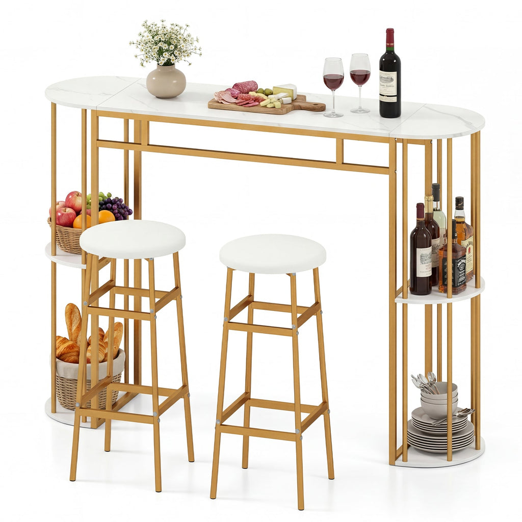 60 Inch Dining Table and 2 Upholstered Barstools with Faux Marble Tabletop