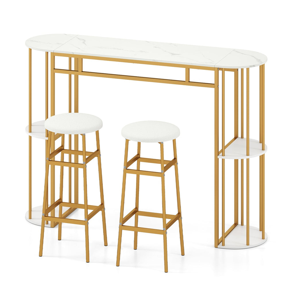 60 Inch Dining Table and 2 Upholstered Barstools with Faux Marble Tabletop
