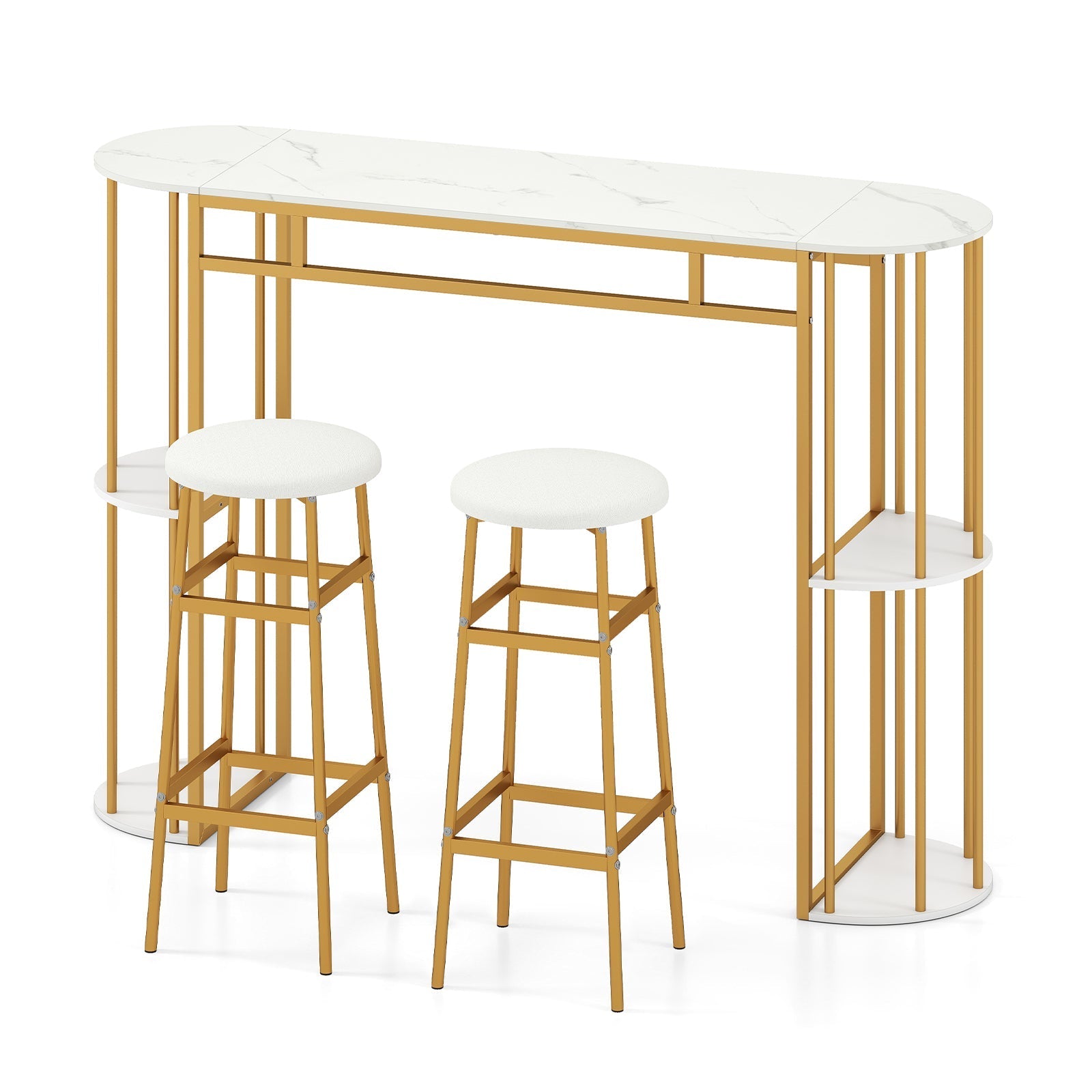 60 Inch Dining Table and 2 Upholstered Barstools with Faux Marble Tabletop