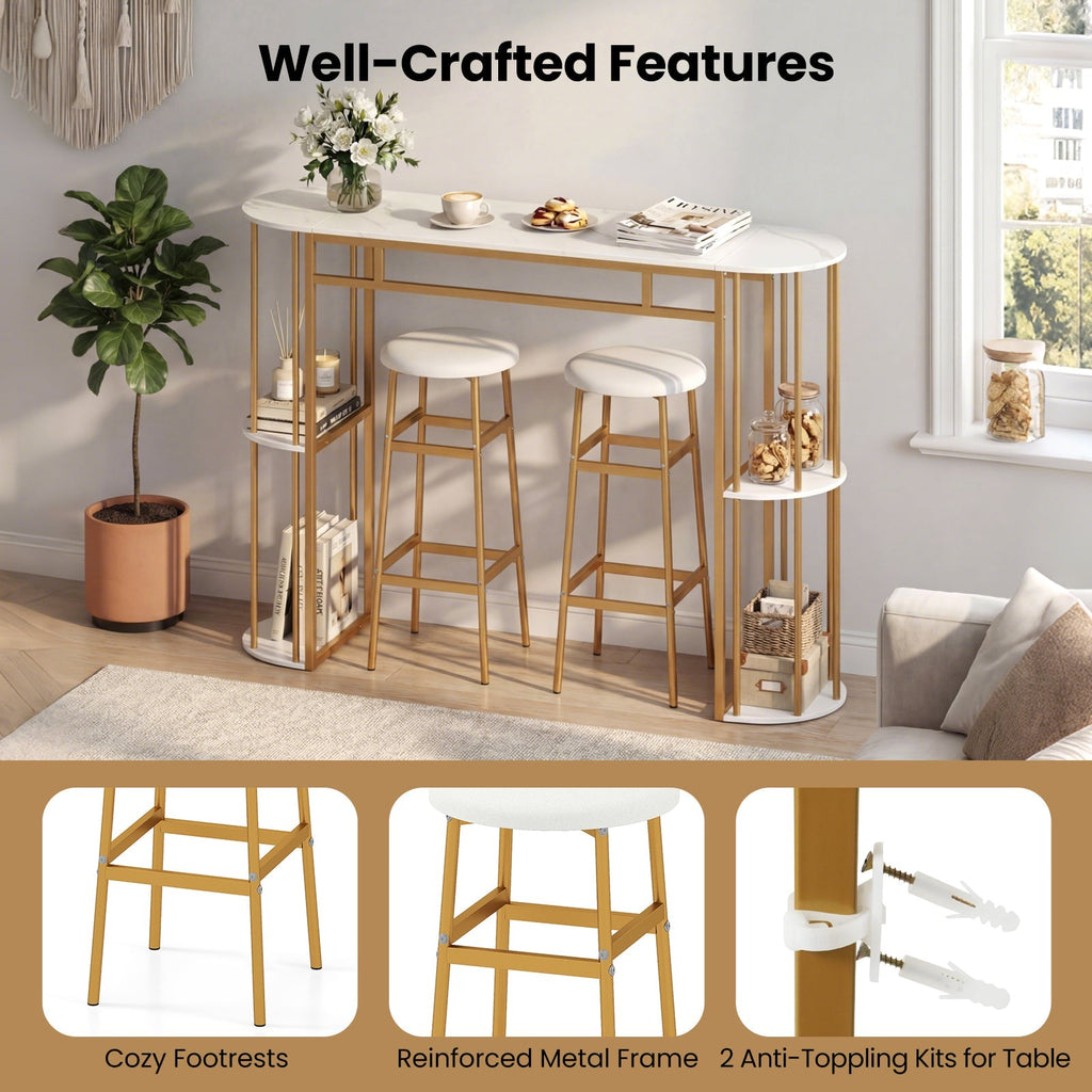 60 Inch Dining Table and 2 Upholstered Barstools with Faux Marble Tabletop