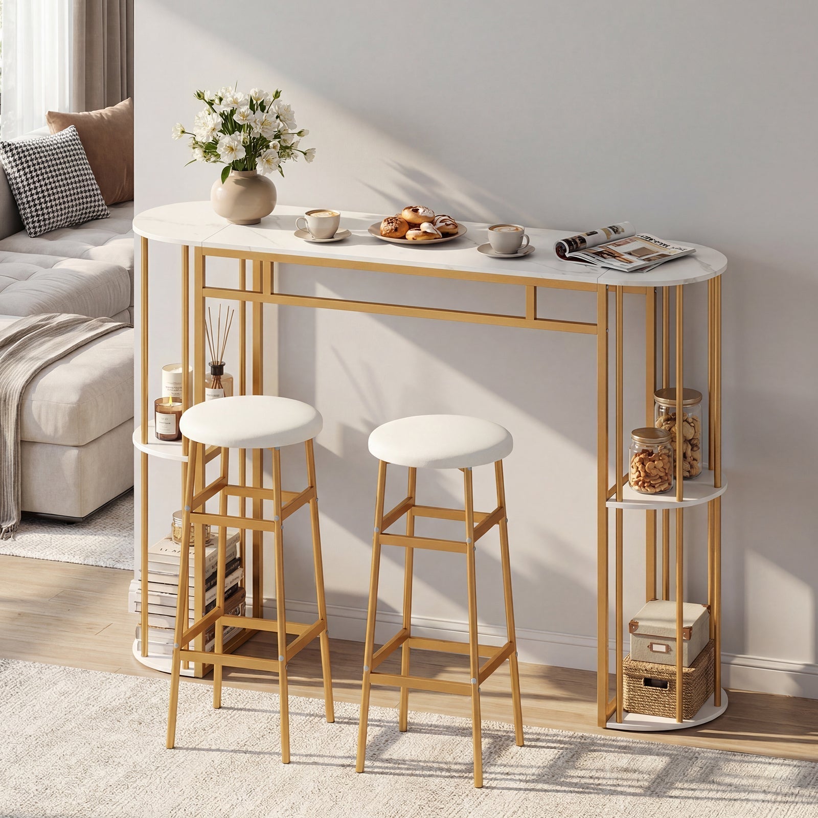 60 Inch Dining Table and 2 Upholstered Barstools with Faux Marble Tabletop