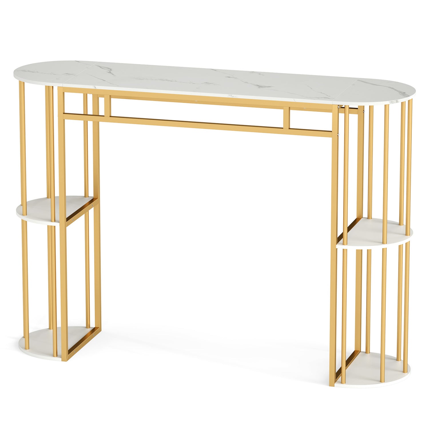 60 Inch Long Bar Table Narrow with Faux Marble Tabletop and Storage Shelves