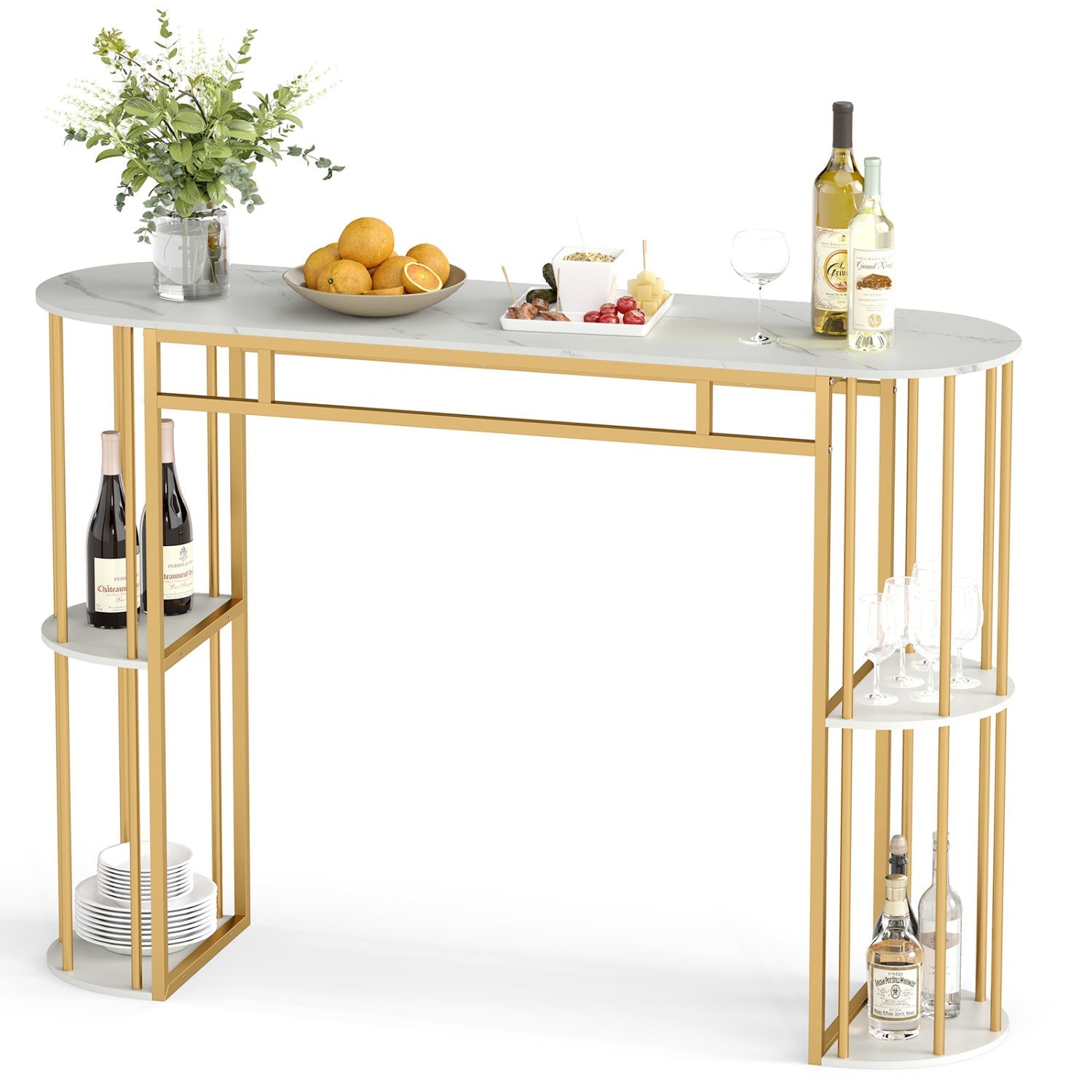 60 Inch Long Bar Table Narrow with Faux Marble Tabletop and Storage Shelves