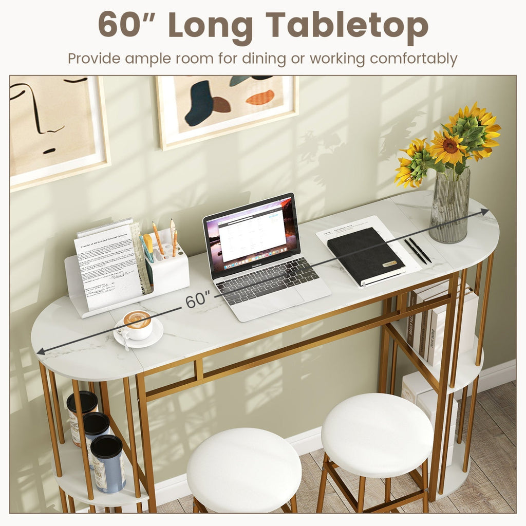 60 Inch Long Bar Table Narrow with Faux Marble Tabletop and Storage Shelves