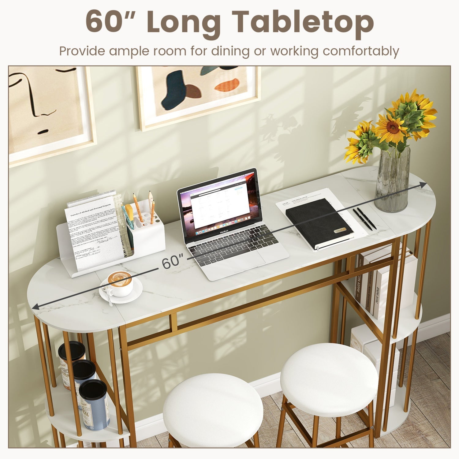 60 Inch Long Bar Table Narrow with Faux Marble Tabletop and Storage Shelves