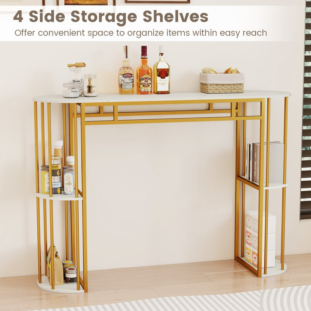 60 Inch Long Bar Table Narrow with Faux Marble Tabletop and Storage Shelves