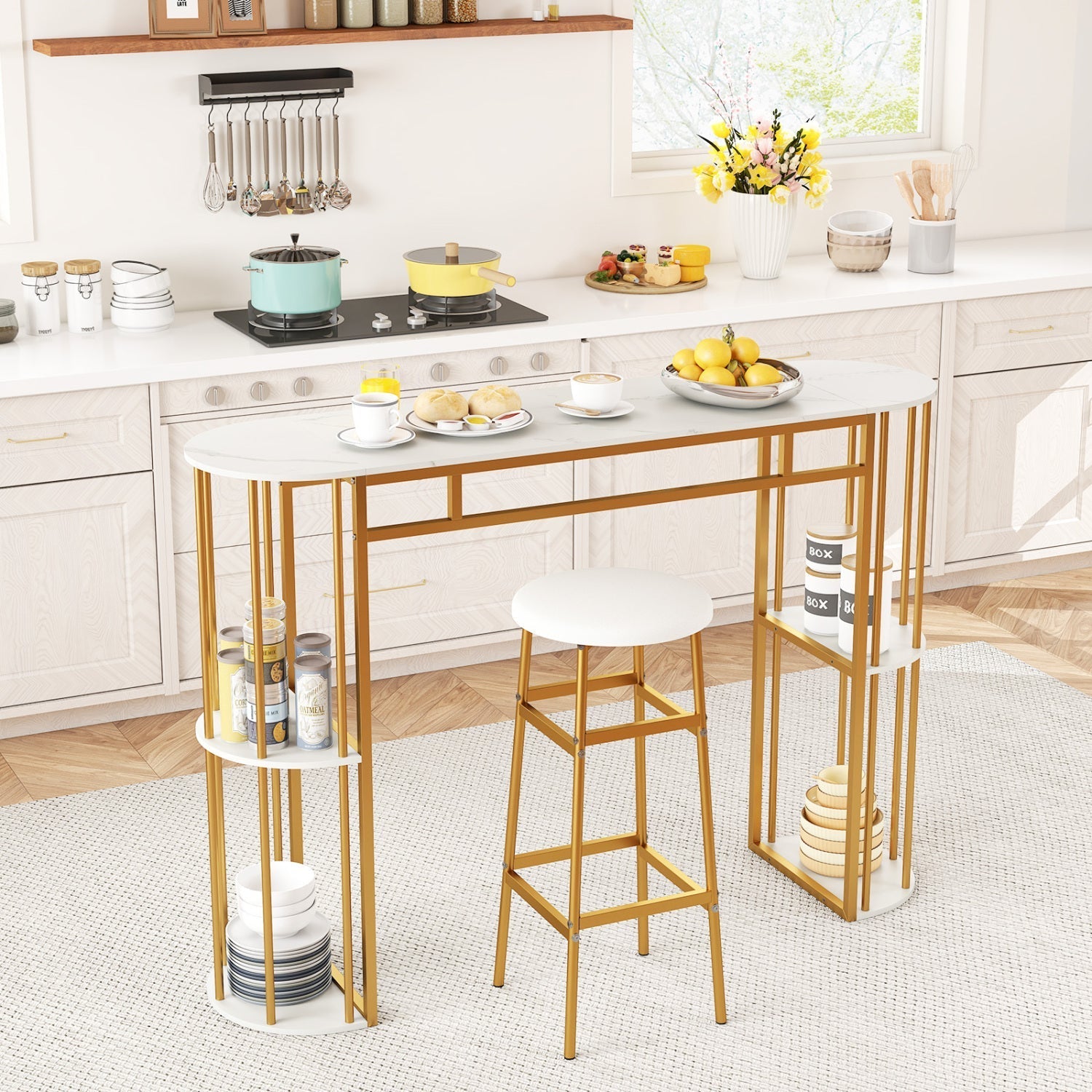 60 Inch Long Bar Table Narrow with Faux Marble Tabletop and Storage Shelves