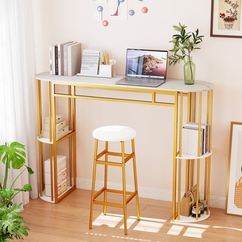 60 Inch Long Bar Table Narrow with Faux Marble Tabletop and Storage Shelves