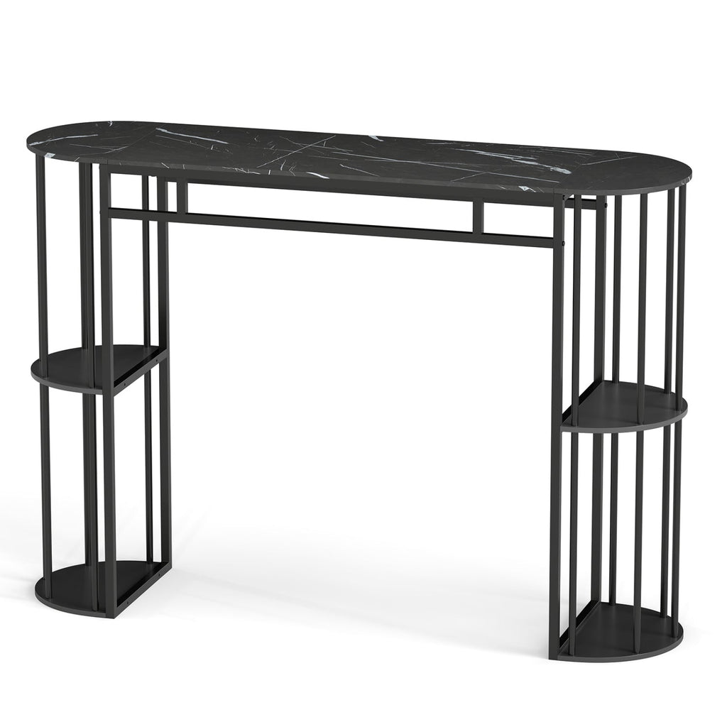 60 Inch Long Bar Table Narrow with Faux Marble Tabletop and Storage Shelves