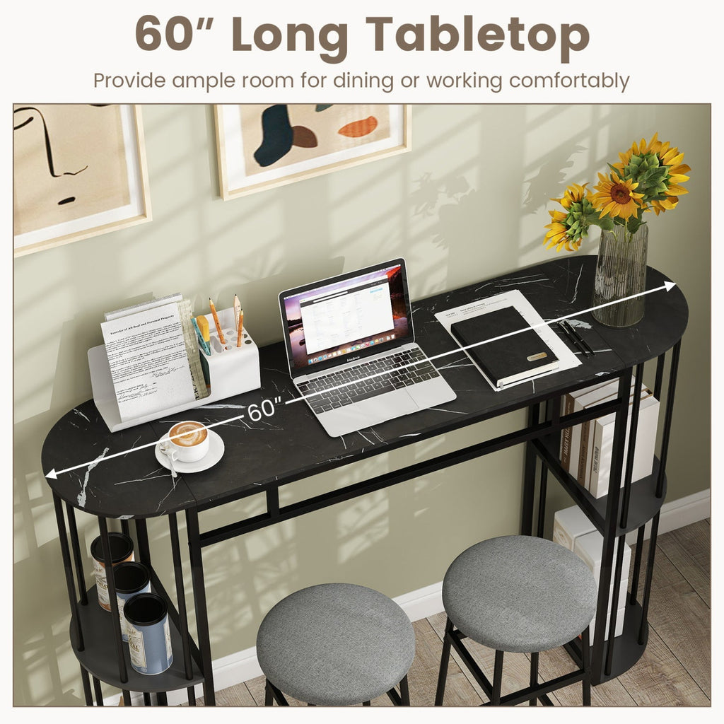 60 Inch Long Bar Table Narrow with Faux Marble Tabletop and Storage Shelves