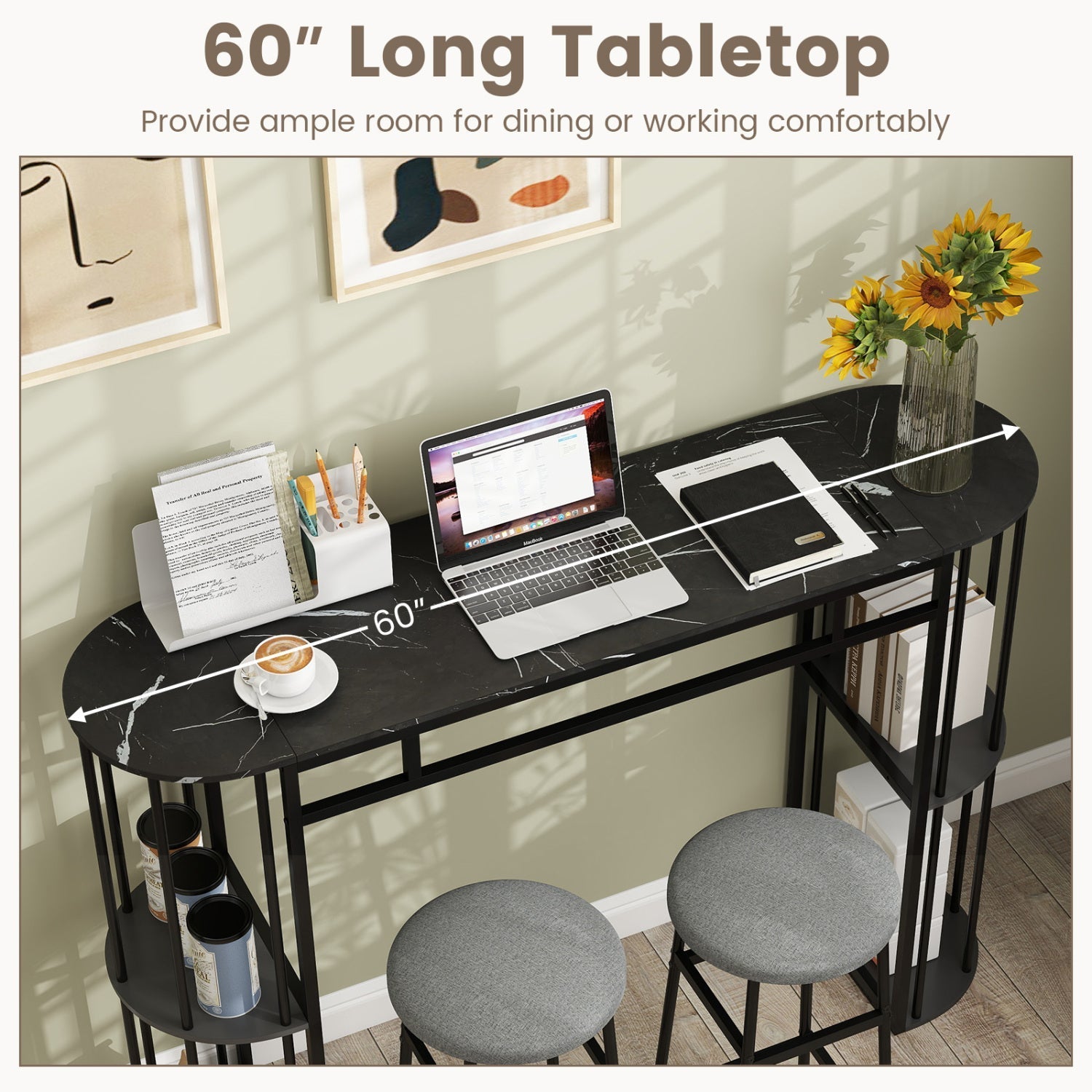 60 Inch Long Bar Table Narrow with Faux Marble Tabletop and Storage Shelves