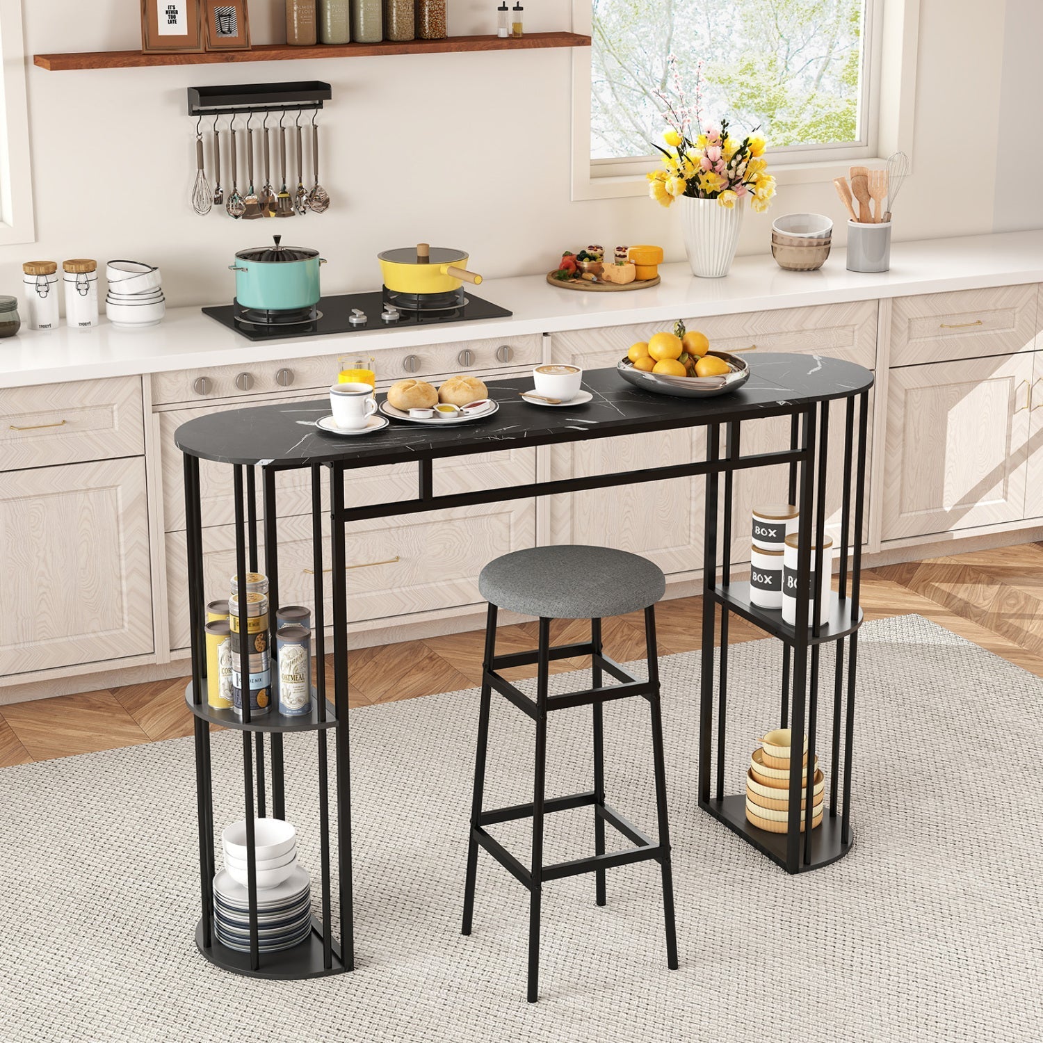 60 Inch Long Bar Table Narrow with Faux Marble Tabletop and Storage Shelves