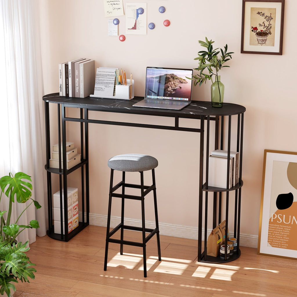 60 Inch Long Bar Table Narrow with Faux Marble Tabletop and Storage Shelves