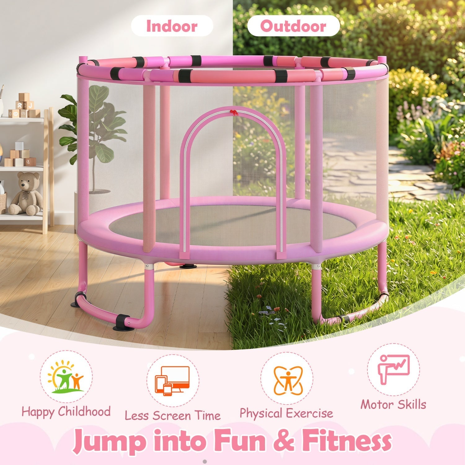 60-Inch Kids Trampoline with Adjustable Gymnastics Bar